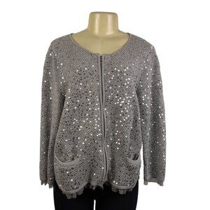 Chicos Womens Gray Rayon & Cotton Sequin Zip-Up Cardigan Sweater Size 2